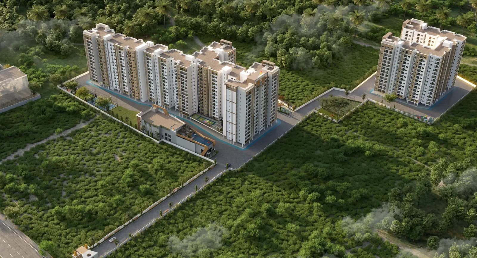 Sowparnika Ashiyana: Aerial view of Rhythm of Rain residential project (artist’s impression)