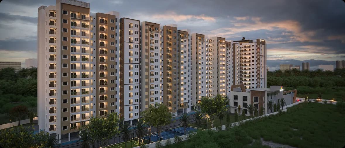 Sowparnika Ashiyana: Project exterior elevation dusk view (artist’s impression)