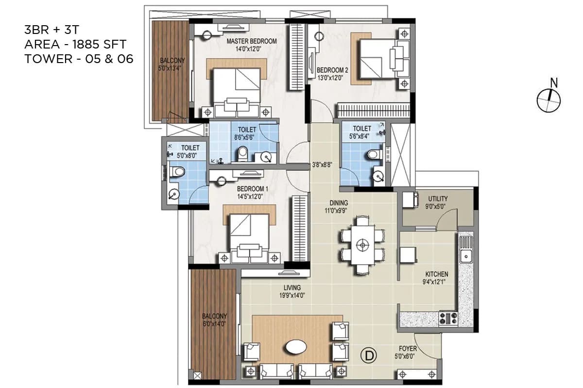Sterling Ascentia floor plan: Type C floor plan - 1885 sq ft, 3BR + 2T