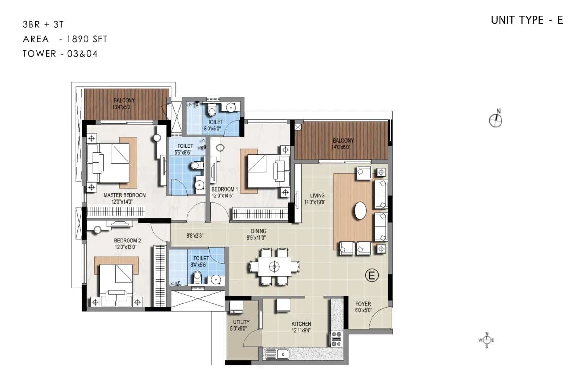 Sterling Ascentia floor plan: Type E floor plan - 1890 sq ft, 3BR + 3T
