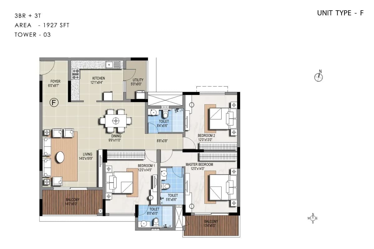 Sterling Ascentia floor plan: Type F floor plan - 1927 sq ft, 3BR + 3T