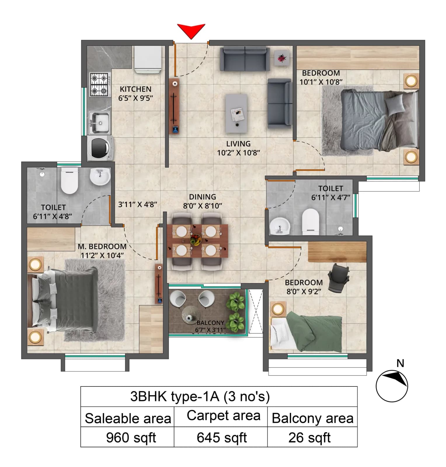 Sattva Bliss floor plan: 3 BHK Type-1A floor plan - 960 sq ft