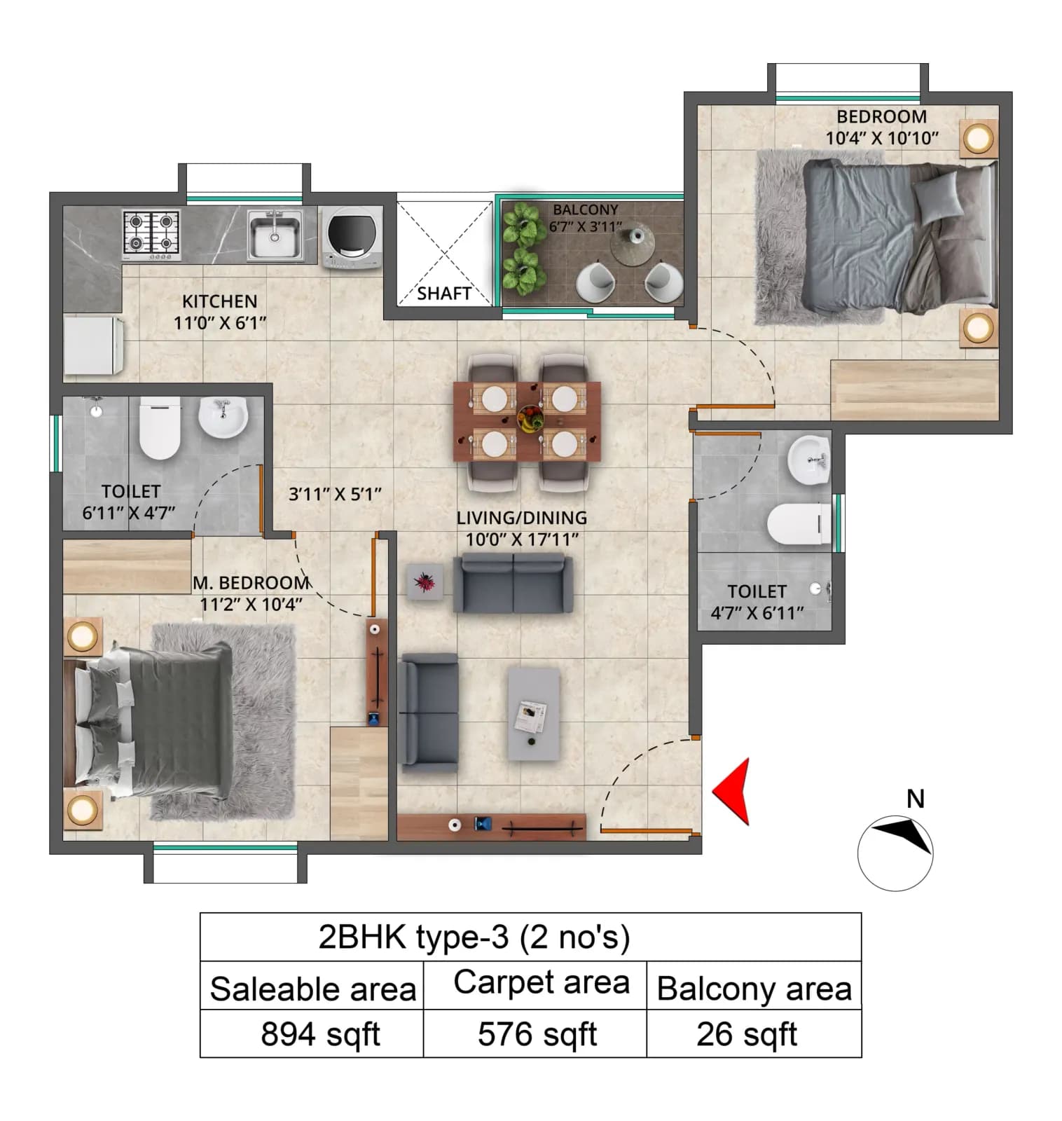 Sattva Bliss floor plan: 2 BHK Type-3 floor plan - 894 sq ft