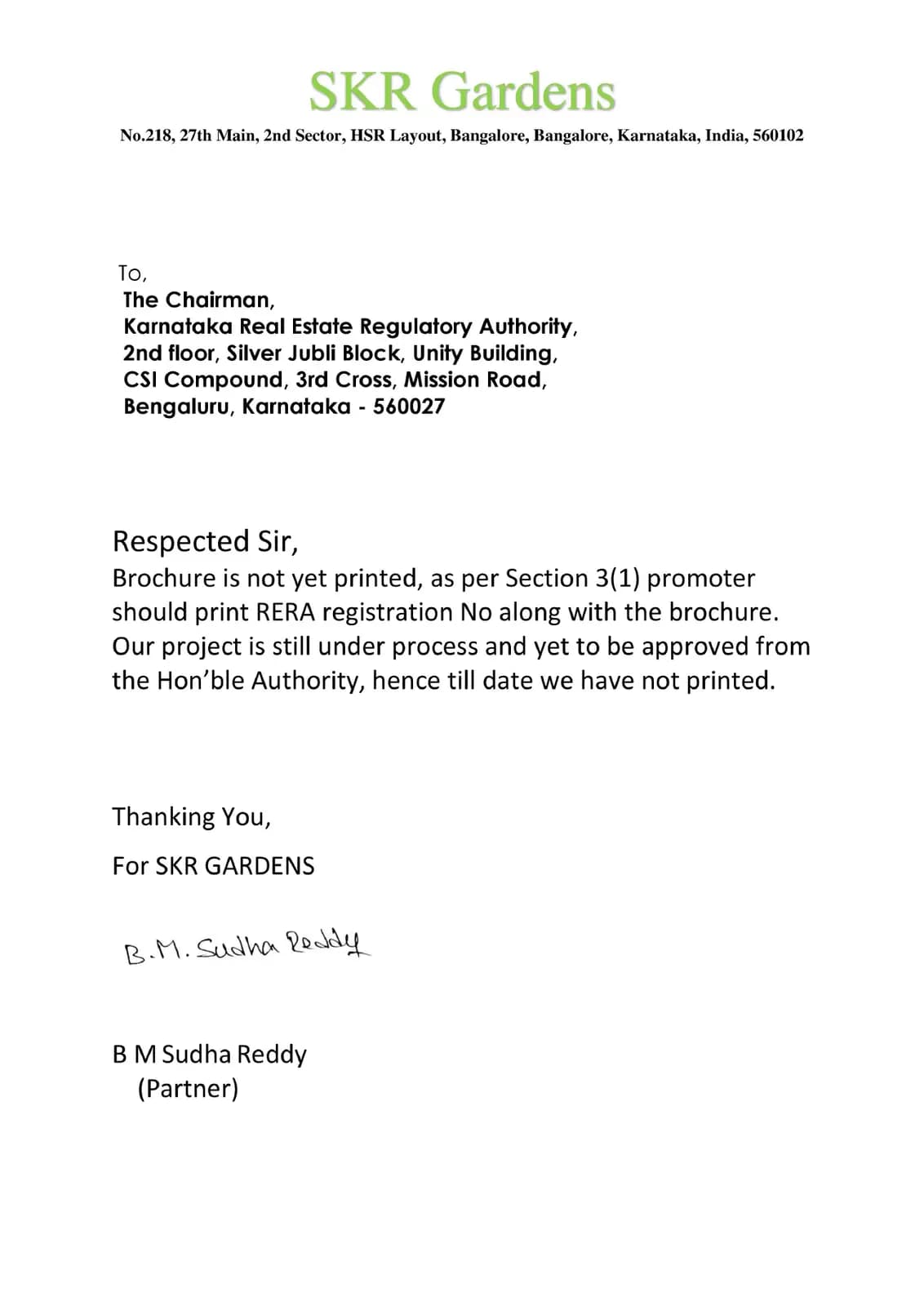 SKR Gardens: Brochure (filed with Karnataka RERA)