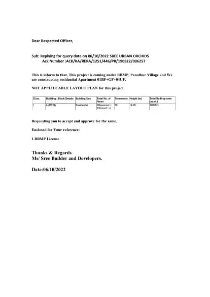 Sree Urban Orchids: SINGLE LAYOUT PLAN (filed with Karnataka RERA)