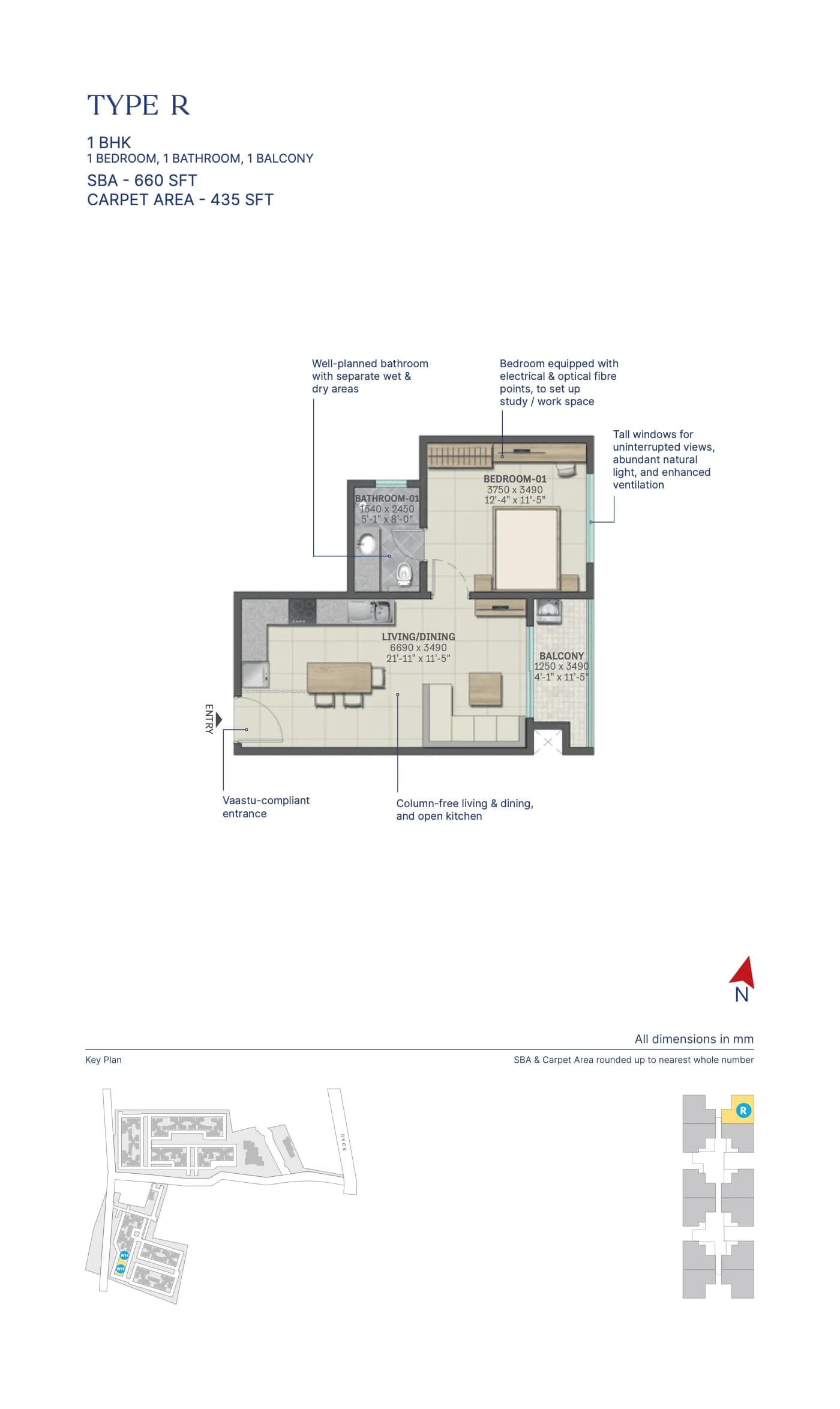 SOBHA Neopolis floor plan: Unit plan: 1 BHK, type R (660 sq ft super built-up, 435 sq ft carpet)