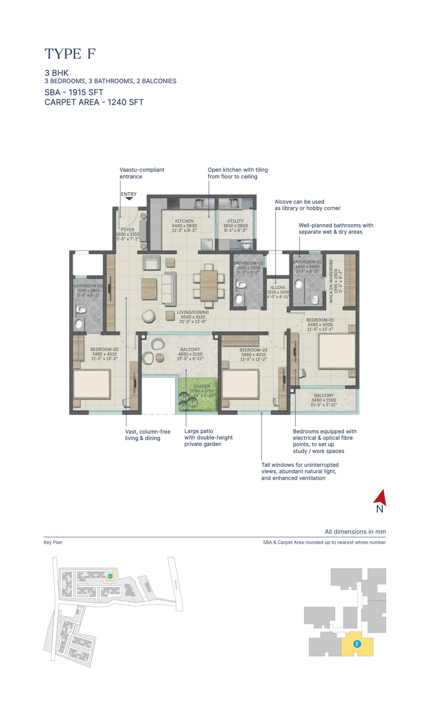 SOBHA Neopolis floor plan: Unit plan: 3 BHK, type F (1,915 sq ft super built-up, 1,240 sq ft carpet)