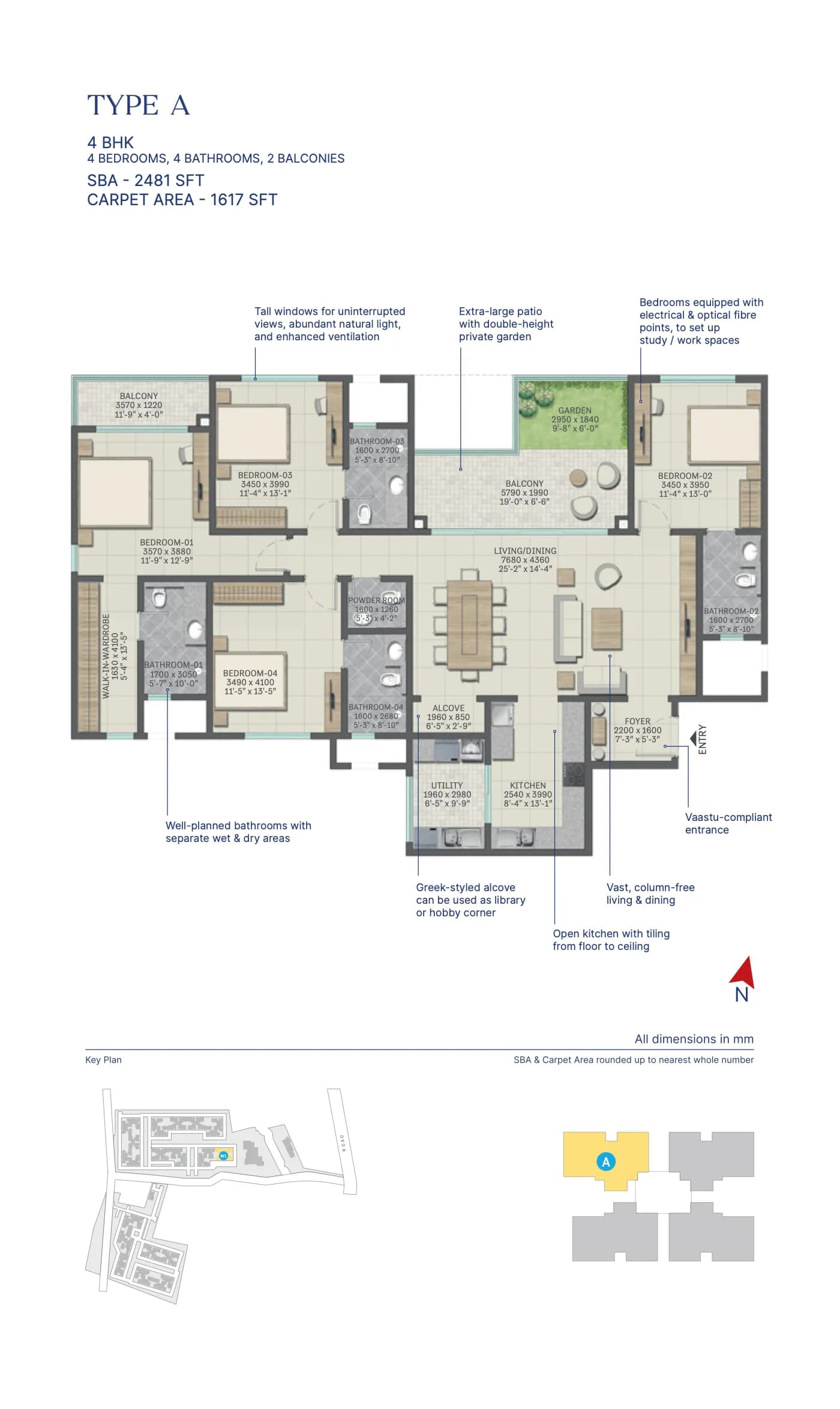 SOBHA Neopolis floor plan: Unit plan: 4 BHK, type A (2,481 sq ft super built-up, 1,617 sq ft carpet)
