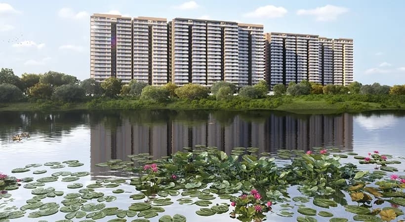 Prestige Raintree Park: Exterior render of the towers across Varthur Lake (artist's impression) (artist’s impression)