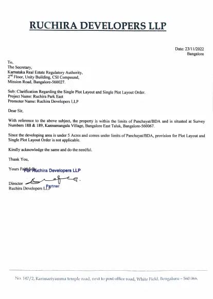 Ruchira Park East: Approved Layout Plan (filed with Karnataka RERA)