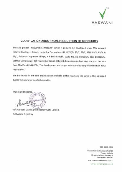 Vaswani Starlight: Brochure (filed with Karnataka RERA)