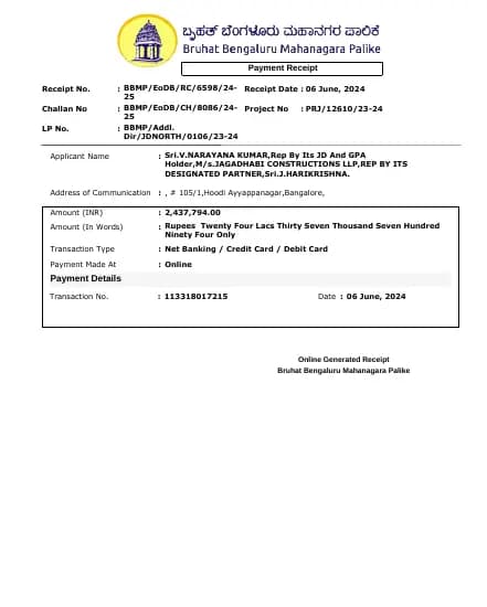 Jagadhabi Premier 1: Payment Challan Sanction Plan (filed with Karnataka RERA)