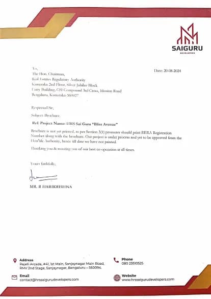 HRS Sai Guru Bliss Avenue: Brochure (filed with Karnataka RERA)