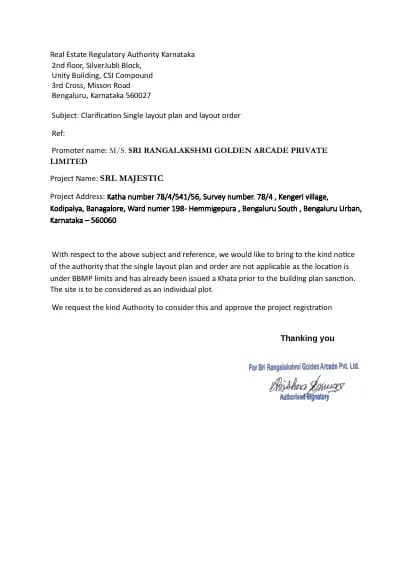 SRL Majestic: Single layout plan (filed with Karnataka RERA)