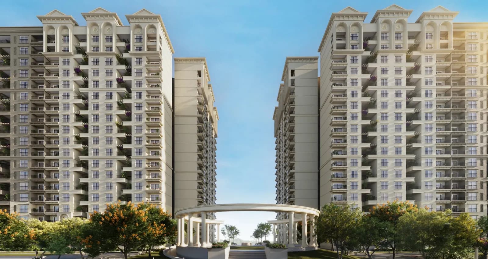 SOBHA Neopolis: Exterior render of the towers and entrance colonnade (artist's impression) (artist’s impression)